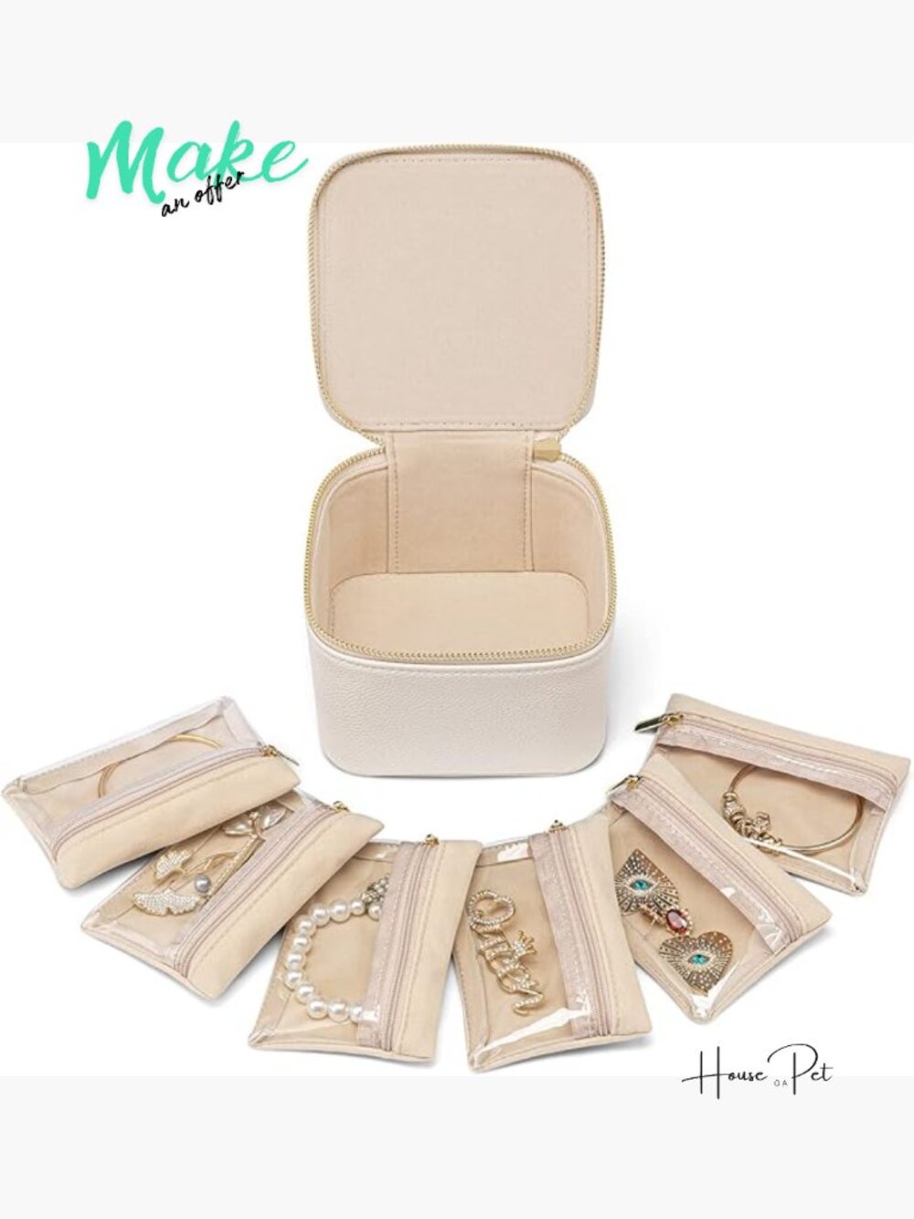 Travel Jewelry Case with 6 Velvet Zipper Pockets - Faux Leather Organizer